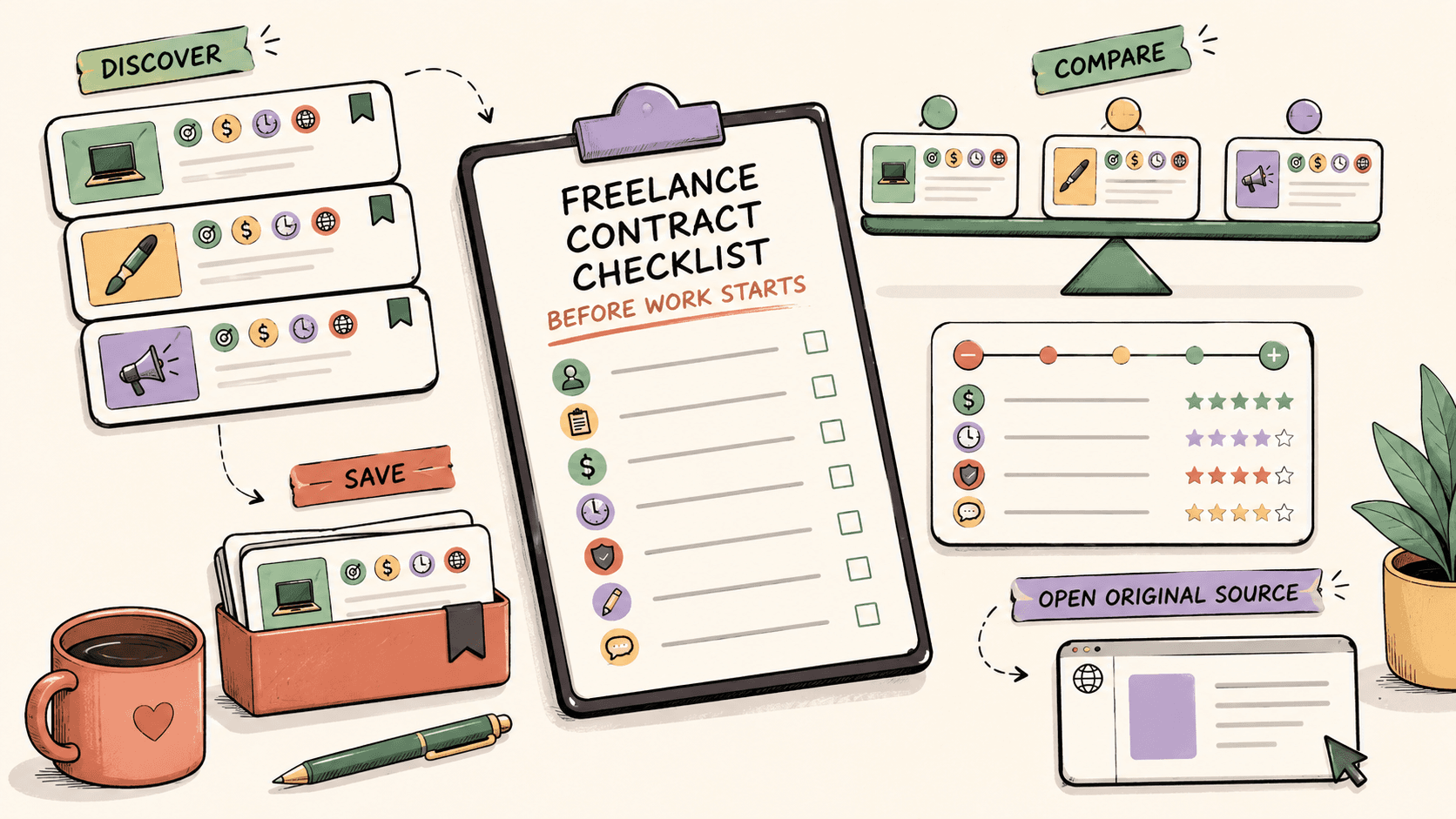 Editorial illustration for Freelance Contract Checklist: What to Include Before Work Starts