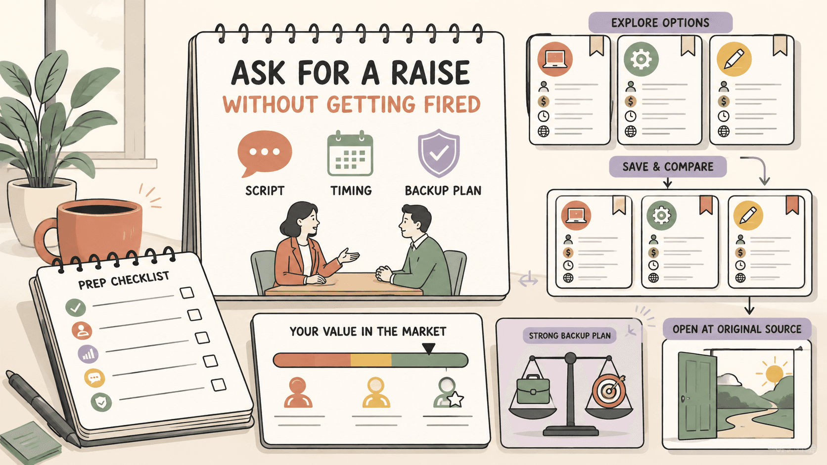 Editorial illustration for How to Ask for a Raise Without Getting Fired: Scripts, Timing, and a Backup Plan