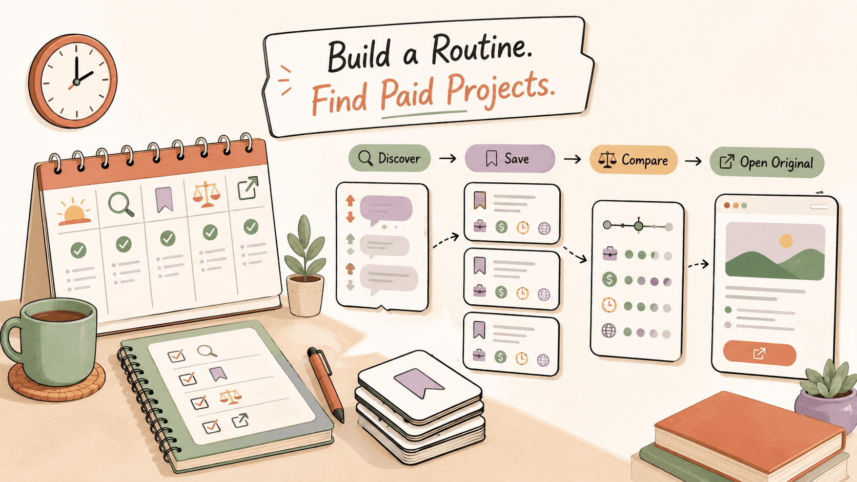 Editorial illustration for How to Build a Routine for Finding Paid Projects