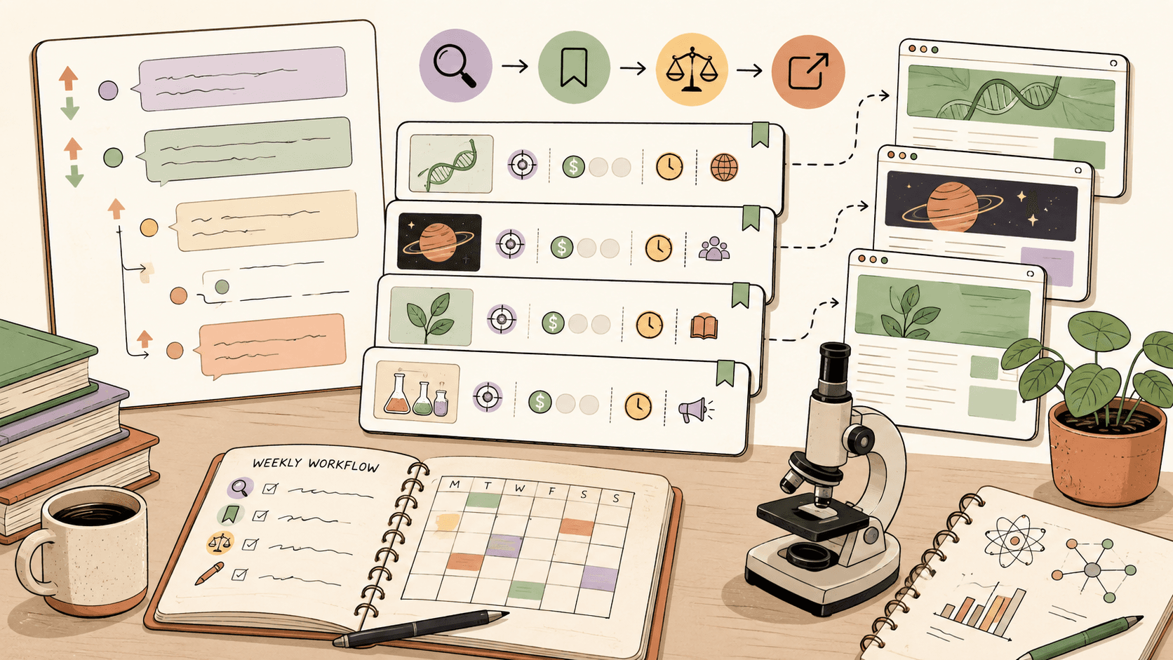 Editorial illustration for How to Find Freelance Science Writing Jobs: Platforms, Pitches, and a Weekly Workflow