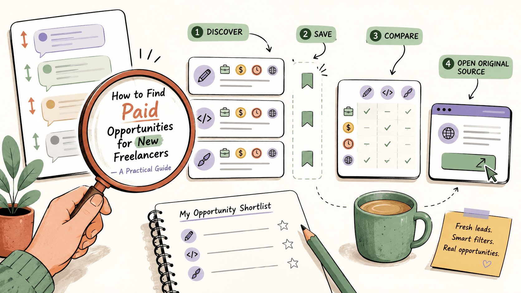 Editorial illustration for How to Find Paid Opportunities for New Freelancers — A Practical Guide