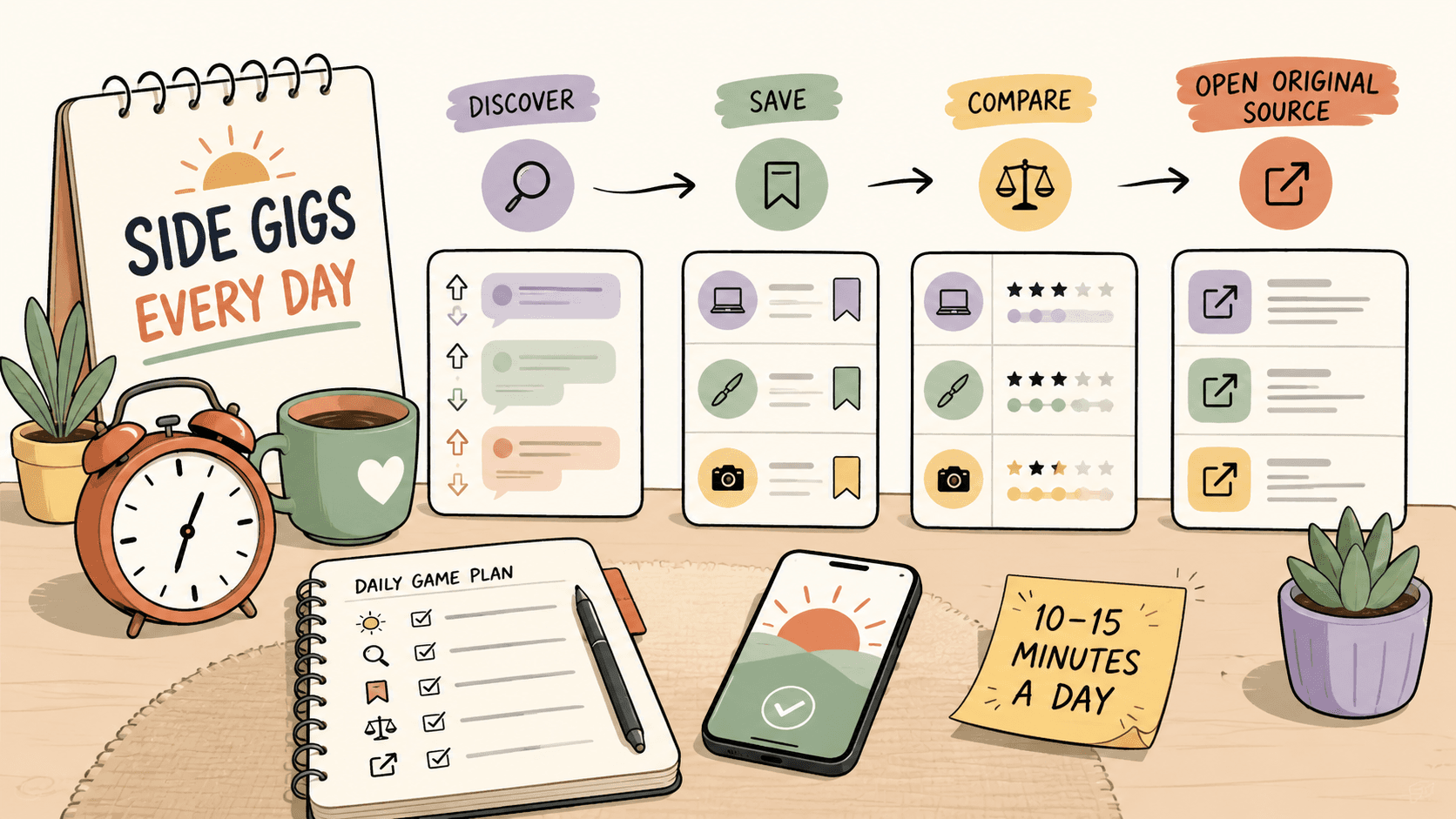 Editorial illustration for How to Find Side Gigs Every Day Without Wasting Hours