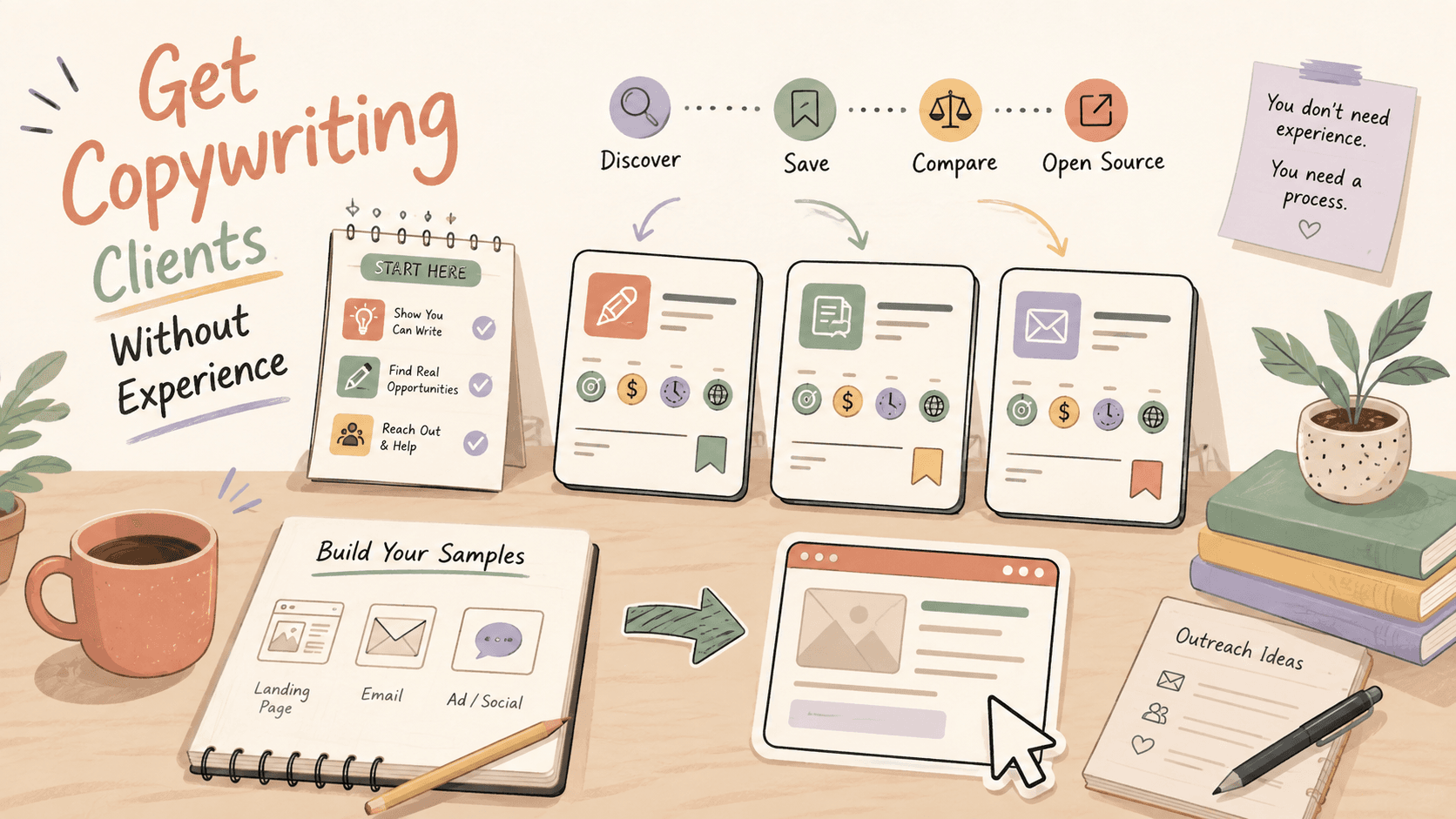 Editorial illustration for How to Get Copywriting Clients Without Experience