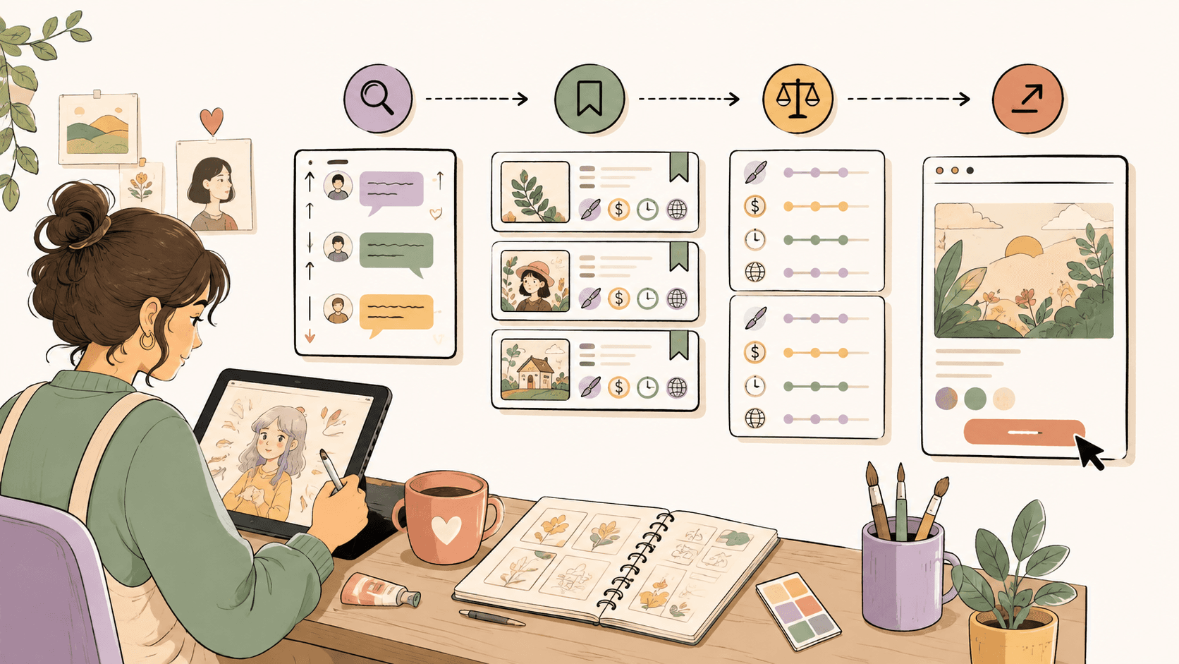 Editorial illustration for How to Get Illustration Clients Online as a Beginner