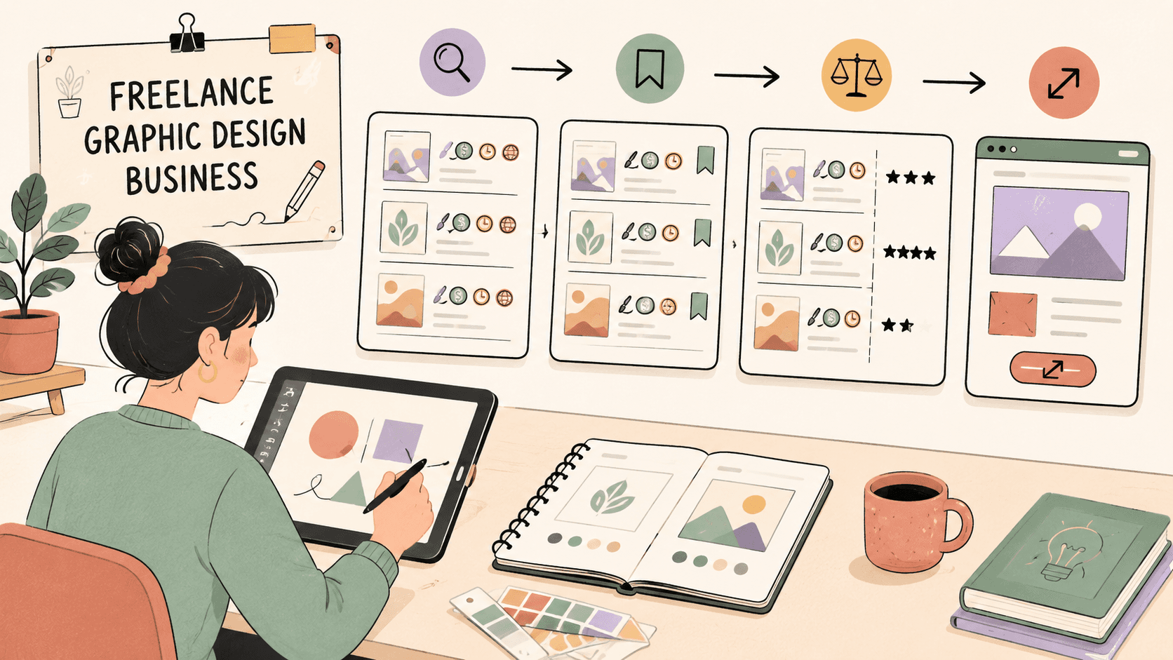 Editorial illustration for How to Start a Freelance Graphic Design Business