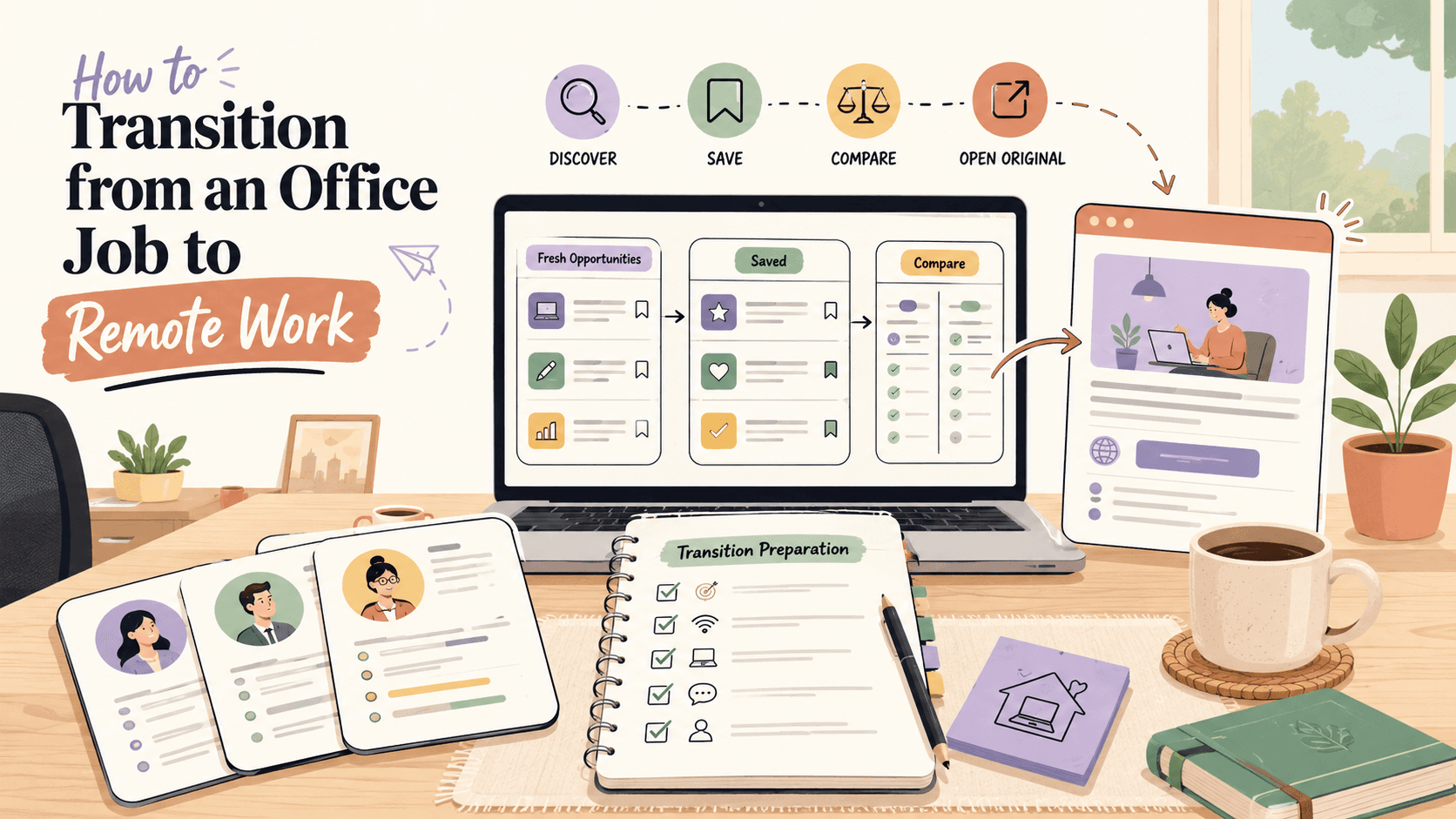 Editorial illustration for How to Transition from an Office Job to Remote Work