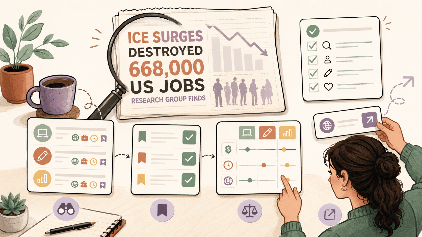 Editorial illustration for How Job Seekers Should Respond to Reports That ICE Surges Destroyed 668,000 US Jobs