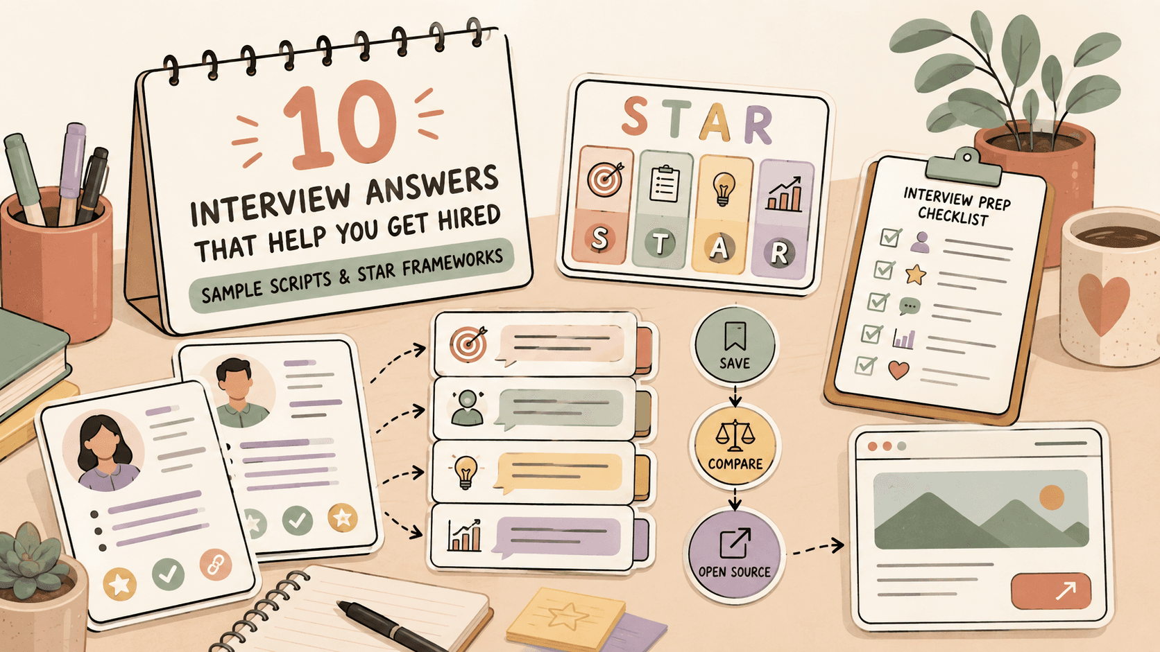 Editorial illustration for 10 Interview Answers That Help You Get Hired: Sample Scripts and STAR Frameworks