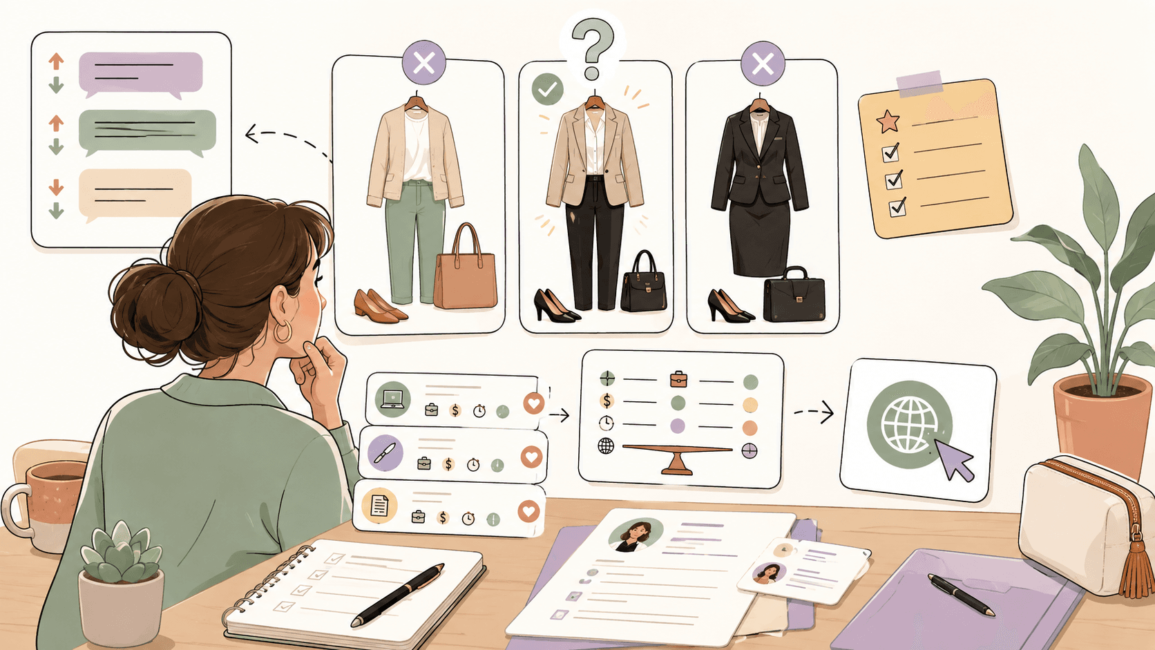 Editorial illustration for Is This Too Formal for a Job Interview? How to Dress One Level Above the Role