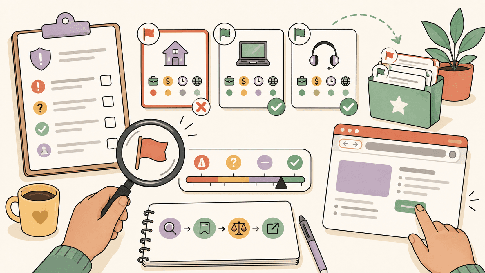 Editorial illustration for Red Flags to Watch for in Remote Job Postings (and How to Vet Them Fast)