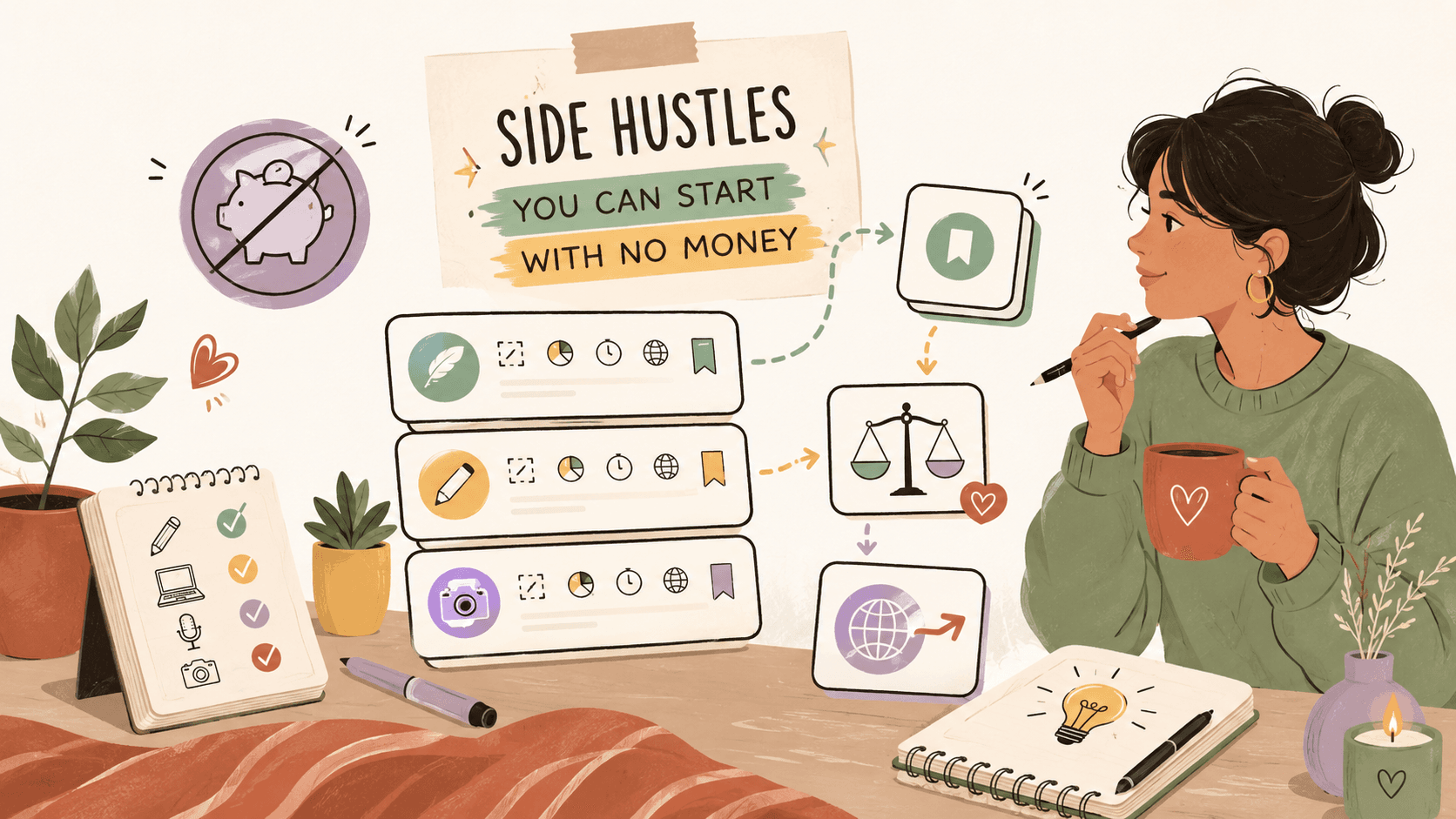 Editorial illustration for Side Hustles You Can Start With No Money