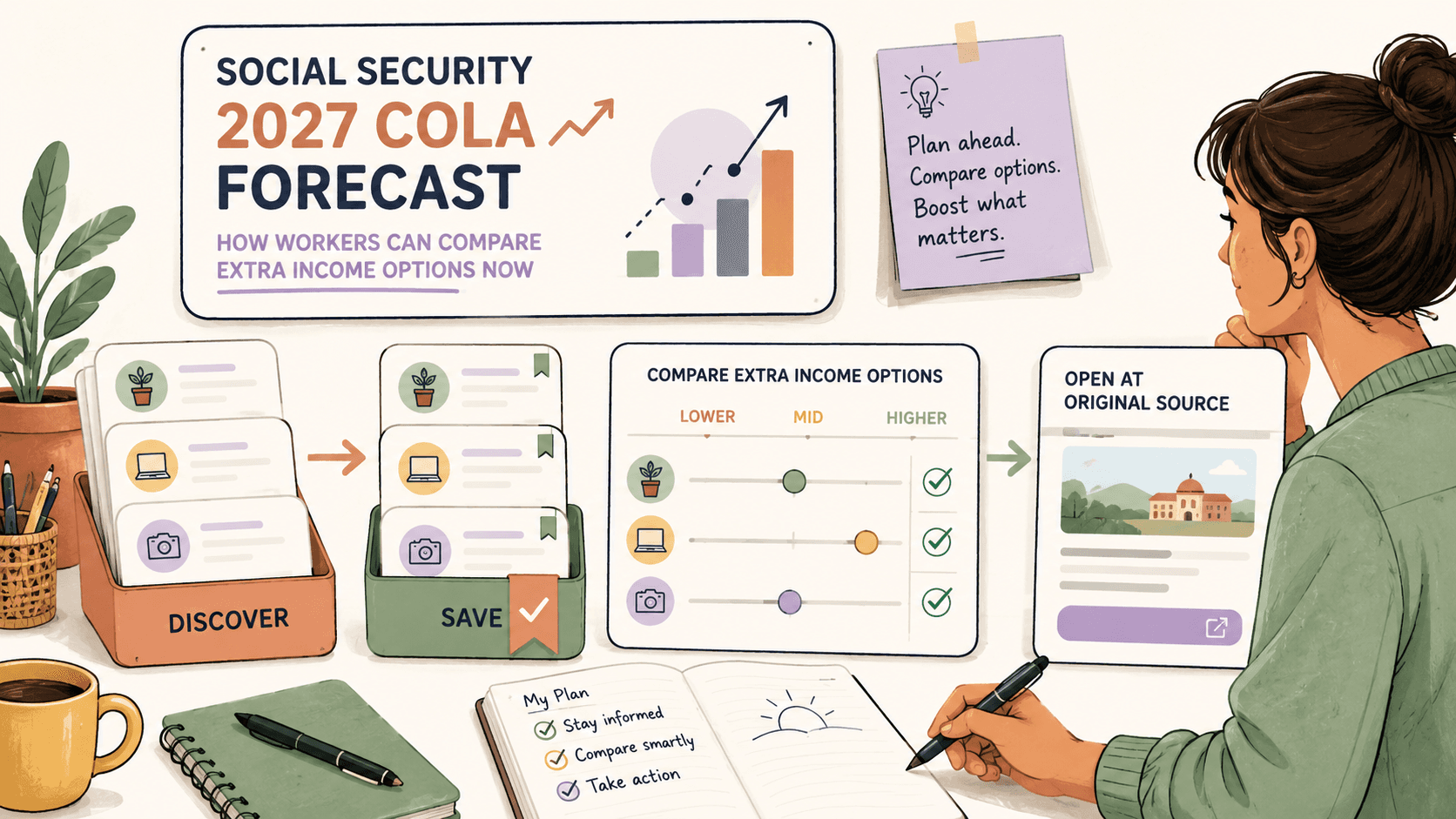 Editorial illustration for Social Security 2027 COLA Forecast: How Workers Can Compare Extra Income Options Now