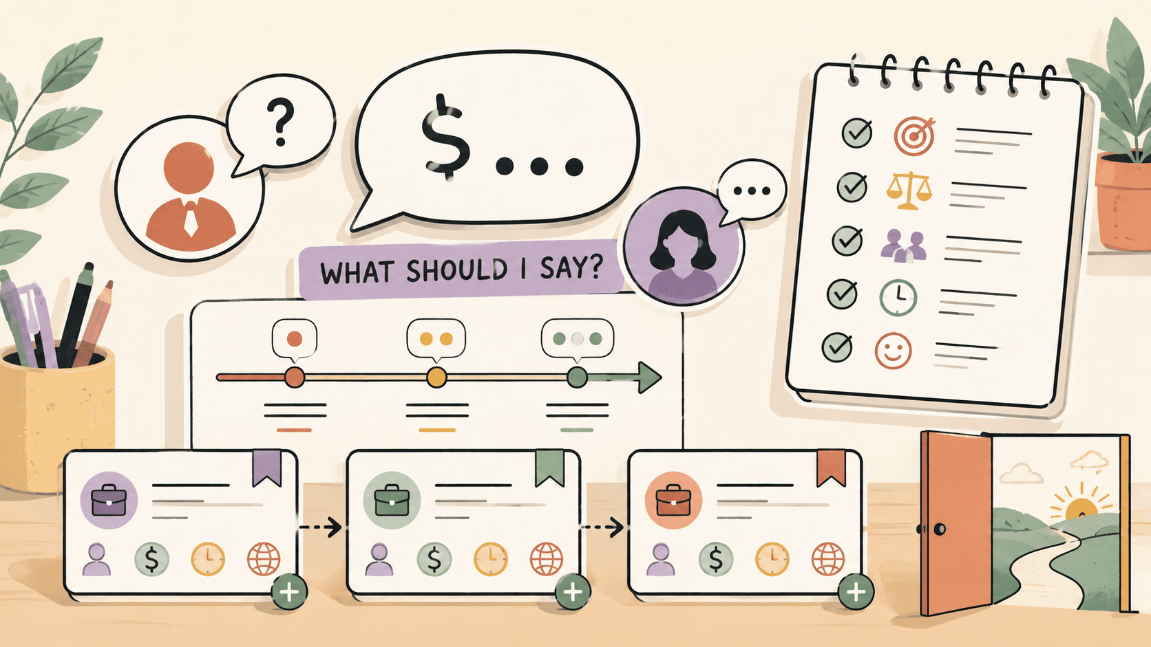 Editorial illustration for What to Say When a Recruiter Asks About Salary: 7 Scripts and Examples